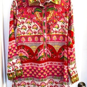 Italian Made Delfina 100% Cotton Floral Block Print Long-Sleeve Mini Dress SizeM